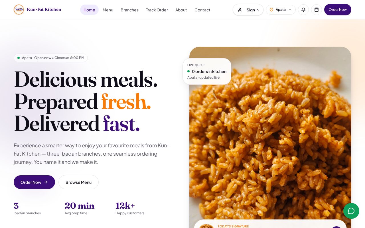 Homepage of kunfatkitchen.com, a real food business website built by SalesEngyn