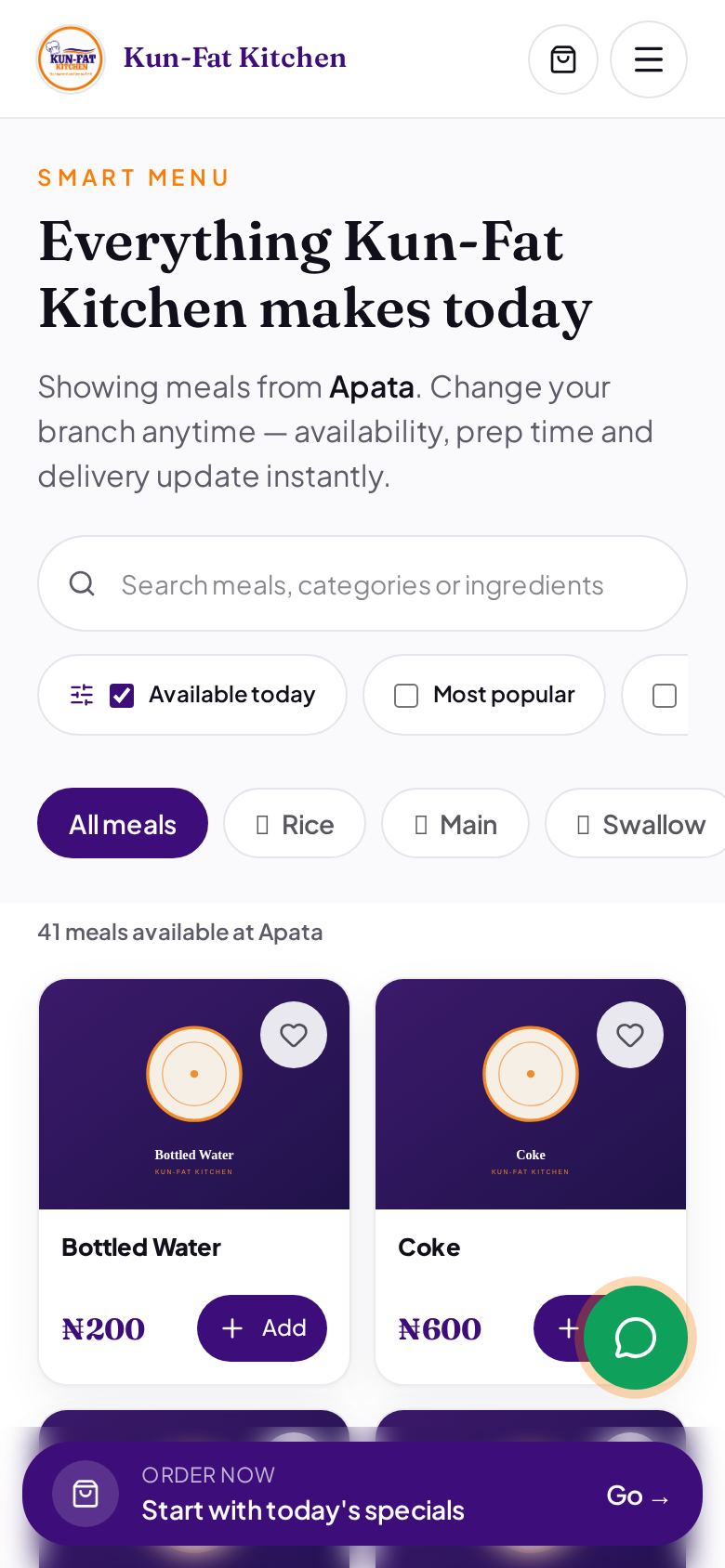 Kun-Fat Kitchen menu page with search and meal categories on mobile