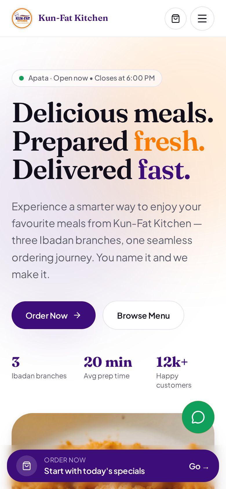 Kun-Fat Kitchen homepage on a mobile phone